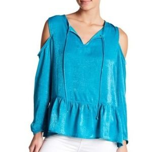 ❤️‍🔥 NWT SALE Satin Teal Blue Cold Shoulder Peplum Top